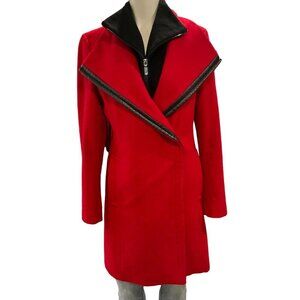 Calvin Klein Red Wool Coat black leather trim women’s size 6